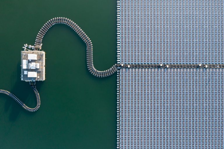 Aerial view of a floating solar farm